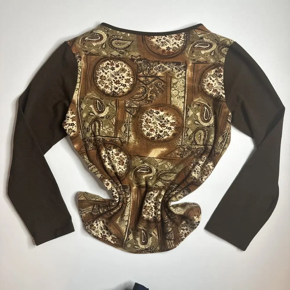 Vintage Y2K Brown Baroque Paisley Top M Whimsigoth Fairy Grunge Long Sleeve Boho